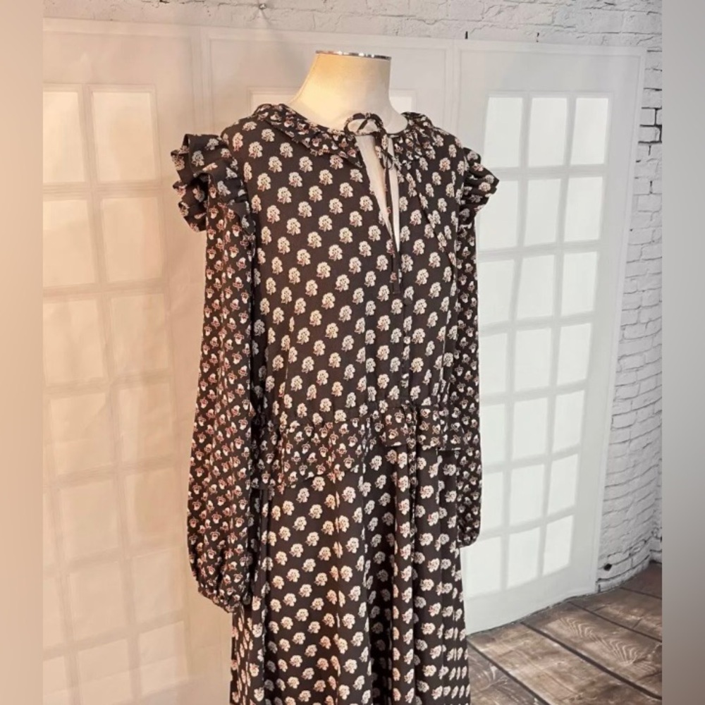 H & M Women's Size 4 Ruffled Vintage Style Midi Dress Key Hole Neck Brown